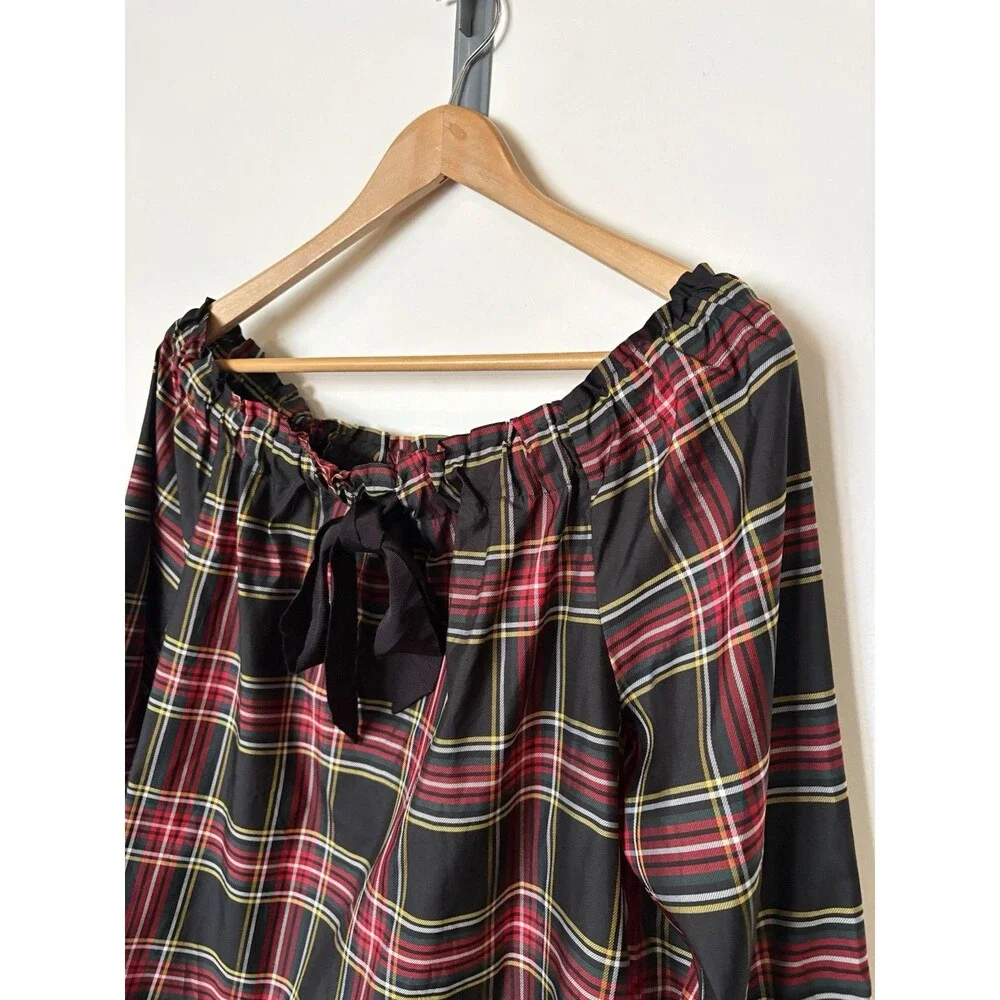 J Crew Black Red Holiday Plaid Off Shoulder Bow Detail Blouse Size Small